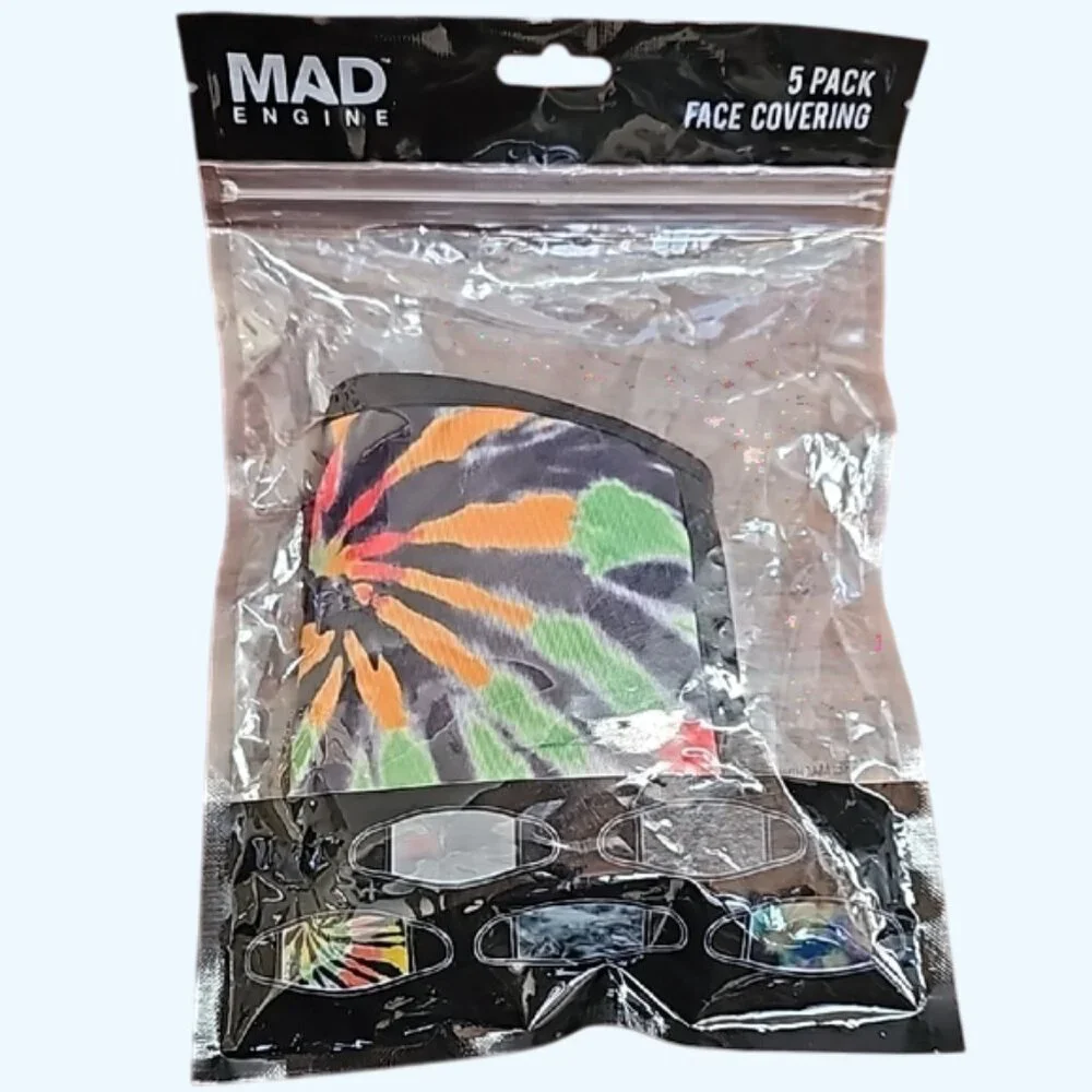 New Mad Engine Adult Face Mask Cover 5 Pack Washable & Reusable Dark Tie Dyes